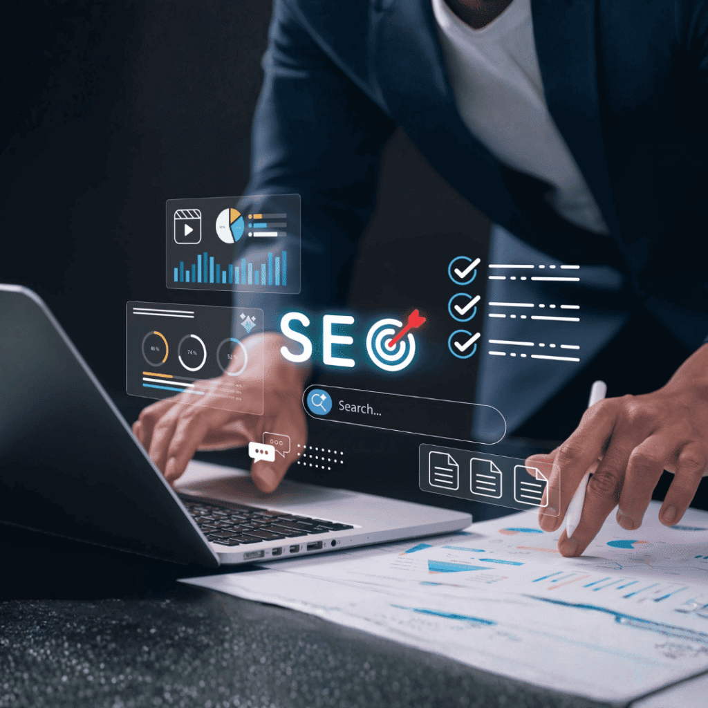 SEO optimization and performance analysis showing digital marketing strategy execution, keyword targeting, and website improvement for US businesses