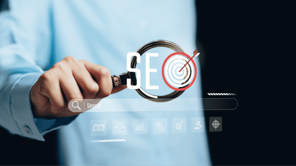 Search engine optimization concept with magnifying glass and target symbol representing keyword ranking and SEO strategy for US businesses