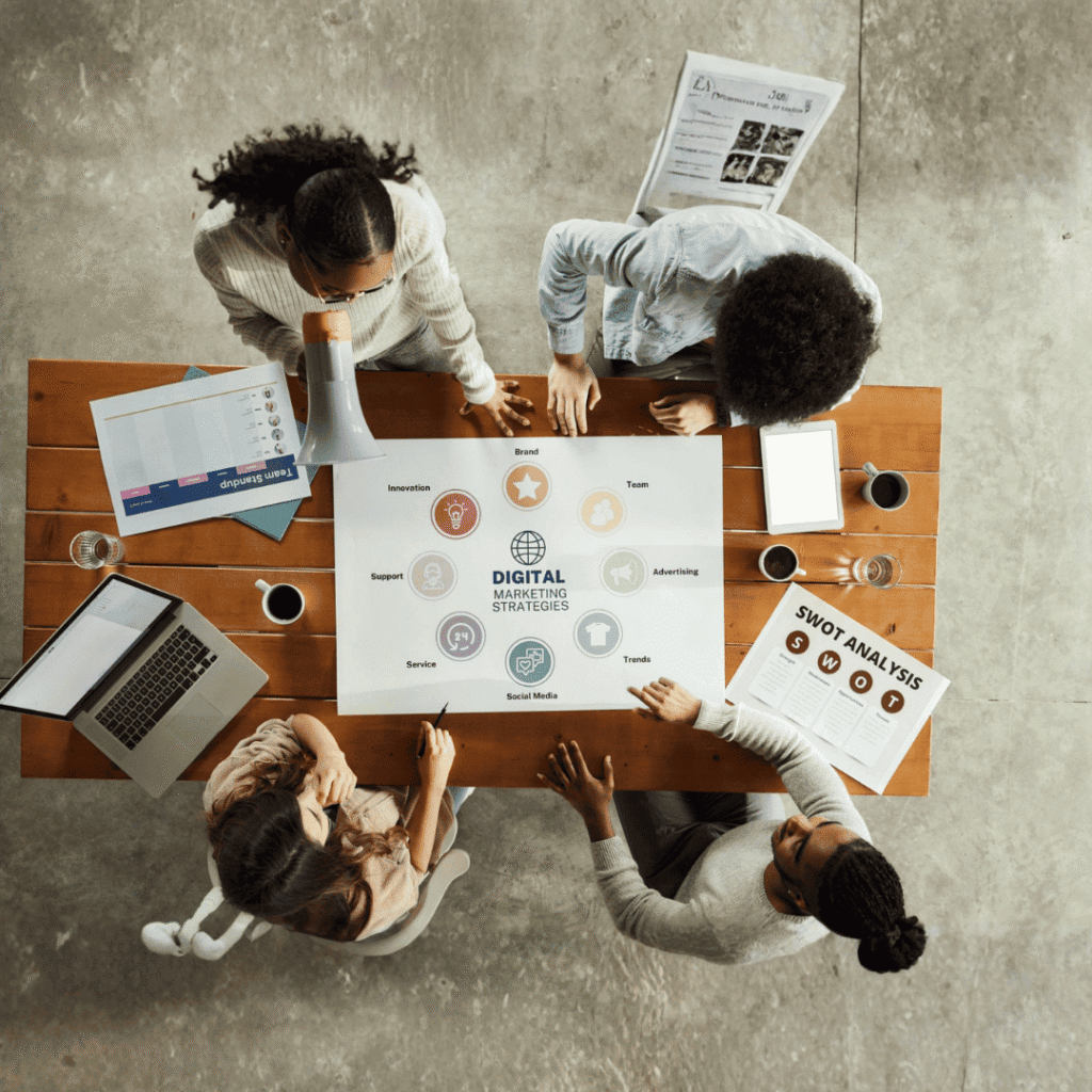 US digital marketing team developing SEO strategy through collaborative planning, competitor analysis, and data-driven decision making