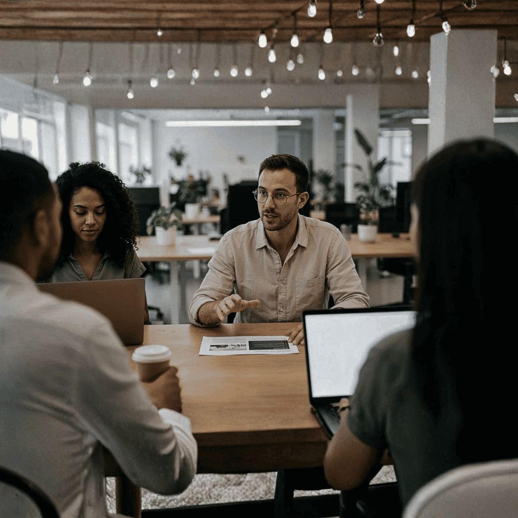 “US digital marketing agency team discussing client strategy in a modern office meeting”